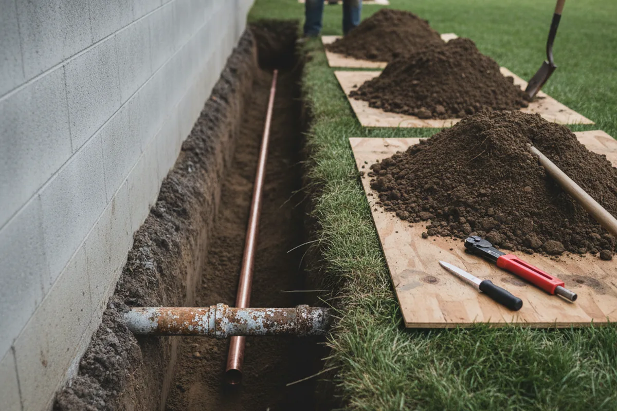 Excavated water line trench during Sewer Line Repair in Gwynedd